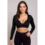 Kadın Siyah Uzun Kol Göğüs Ve Göbek Dekolteli Fermuarlı Crop Top Bluz - Şık, Rahat Ve Kolay Kombinle