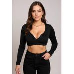 Kadın Siyah Uzun Kol Göğüs Ve Göbek Dekolteli Fermuarlı Crop Top Bluz – Şık, Rahat Ve Kolay Kombinlenebilir