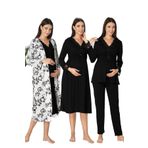 Kadın Siyah Uzun Kollu Pijama Takımı Gecelik Sabahlık Lohusa Hamile 4'lü Set, 2XL, B8096EF-19804IGP264184