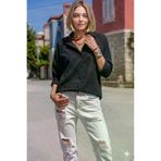 Kadın Siyah Uzun Kollu Salaş Gofre Kumaş Basic Tunik Gömlek 3522275