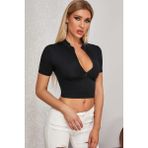 Kadın Siyah Yarım Fermuarlı ve Kısa Kollu Crop Top Bluz - S - M