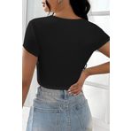 Kadın Siyah Yarım Kol Düz Yaka Crop Top Bluz