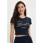 Kadın Slim Fit Dar Kesim %100 Pamuk Bisiklet Yaka Kısa Kollu Baskılı Lacivert Crop Tişört