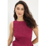 Kadın Slim Fit Dar Kesim %100 Pamuk Sıfır Kol Büzgülü Bisiklet Yaka Fuşya Bluz