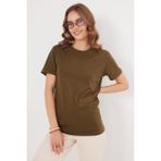 Kadın Slim Fit Dar Kesim %100 Pamuk Yumuşak Dokulu Haki Bisiklet Yaka Tişört