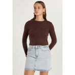 Kadın Slim Fit Dar Kesim Bisiklet Yaka Kahverengi Bluz