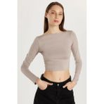 Kadın Slim Fit Dar Kesim Bisiklet Yaka Sırt Detaylı Vizon Bluz