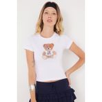 Kadın Slim Fit Dar Kesim Kısa Kollu Bisiklet Yaka Baskılı Beyaz Tişört