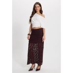 Kadın Slim Fit Dar Kesim Lastikli Yüksek Bel Dantelli Bordo Etek
