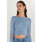 Kadın Slim Fit Dar Kesim Modal Kumaş Uzun Kollu Bisiklet Yaka Açık Mavi Bluz