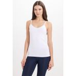 Kadın Slim Fit Dar Kesim Pamuklu İnce Askılı Dantel Detaylı Beyaz Crop Atlet