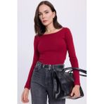 Kadın Slim Fit Dar Kesim Pamuklu Modal Kumaş Uzun Kollu Kayık Yaka Koyu Bordo Bluz