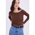 Kadın Slim Fit Dar Kesim Pamuklu Modal Kumaş Uzun Kollu Kayık Yaka Koyu Kahve Bluz