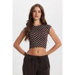 Kadın Slim Fit Dar Kesim Puantiyeli Bisiklet Yaka Kahverengi Crop Bluz