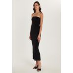Kadın Slim Fit Dar Kesim Straplez Arka Yırtmaç Detaylı Siyah Midi Elbise