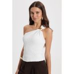 Kadın Slim Fit Dar Kesim Tek Omuz Tek Kol Doku Desenli Ekru Bluz