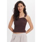 Kadın Slim Fit Dar Kesim Tek Omuz Tek Kol Doku Desenli Kahverengi Bluz