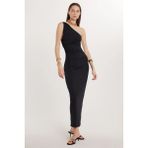 Kadın Slim Fit Dar Kesim Tek Omuz Uzun Siyah Elbise