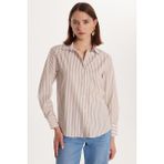 Kadın Slim Fit Dar Kesim Uzun Kollu Çizgili Gömlek - Vizon - Ekru