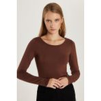 Kadın Slim Fit Dar Kesim Uzun Kollu Viskon Kahverengi Bluz