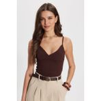 Kadın Slim Fit Dar Kesim V Yaka Askılı Kahverengi Bluz