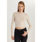 Kadın Slim Fit Pamuklu Düz Bisiklet Yaka Taş Bluz