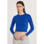 Kadın Slim Fit Pamuklu Uzun Kol Düz Bisiklet Yaka Mavi Bluz