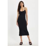 Kadın Slim Fit Vücuda Oturan Askılı Likralı Midi Boy Siyah Elbise