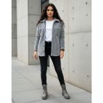 Kadın Slimfit Peluş, Polar, Düğmeli, Teddy Gömlek Yaka, Cepli, Sıcak Tutucu Yumuşak Kışlık Ceket - Gri Melanj