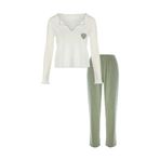 Kadın Soft Touch Fitilli Uzun Kollu Pijama Takımı Yeşil - Ekru