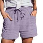 Kadın Şortu Yaz Modası Rahat Muslin Pantolon Yüksek Bel Düz Bacak Spor Rahat Bol Şort İpli Kısa Pantolon Cepli Lastik Bant Günlük Şort Elastik Şort Elastik Kumaş Pantolon, lila- 2, XXL