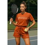 Kadın Sporty Kısa Kollu Bisiklet Yaka Oversize T-Shirt ve Şortlu Alt Üst Takım Tenis Ikili Takım - Turuncu