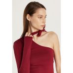 Kadın Standart Fit Fitilli Tek Kol Asimetrik Yaka Bordo Bluz
