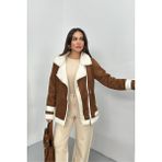 Kadın Süet Mont Oversize Içi Kürklü Fermuarlı Cepli Kol Detaylı Ceket Yaka Kışlık Kaban - Taba - 36