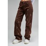 Kadın Taba Renk 7w442 Loose Fit Nakışlı Fitilli Kadife Pantolon Taba 34