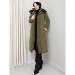 Kadın Tam Dolgulu Yakası Kürklü Genç Spor Nova Kumaş Tesettür Mont 0190 - Haki - 38