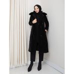 Kadın Tam Dolgulu Yakası Kürklü Genç Spor Nova Kumaş Tesettür Mont 0190 - Siyah - 36
