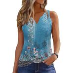 Kadın Tank Top Kolsuz V Yaka Yazlık Tank Top Ön Düğmeli Bol Tunik Gömlek Yelek Bluz, Mavi, XXL