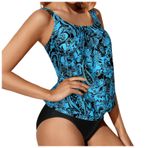 Kadın tankini iki parçalı karın yolu mayo vintage baskılı Push Up Top üst kısım yüzme şortlu yüksek bel mayo seti şık yaz mayosu tatil sportif mayo, Mavi, XXL