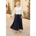 Kadın Tesettür Deri Görünümlü Pileli Etek - Lacivert - L - XL