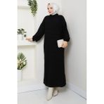 Kadın Tesettür Fitilli Triko Elbise -PMK447 - Siyah - Standart