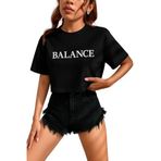 Kadın Tişört Crop Tişört Baskılı Fit Tişört BALANCE-TİŞÖRT (Siyah, S)