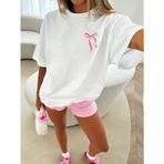 Kadın Tişört Fiyonk Baskılı Bisiklet Yaka Yazlık Kısa Kol Oversize T-Shirt - Beyaz