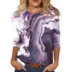 Kadın tişörtü, 3/4 kol, üst giyim, basic tişört, çiçek desenli, baskılı, tunik, bol, yuvarlak yaka, yazlık tişört, moda, kadın bluzu, uzun kollu, çiçekli bluz, tişört, kazak, F-Lila, L