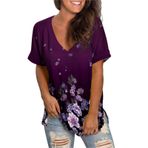 Kadın tişörtü, kısa kollu tişört, şık, V yaka, tunik, üst giyim, çiçek desenli, kadın gömleği, bluz, gündelik moda, bluz, dış mekan tişörtleri, üst giyim, B-lila, M