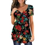 Kadın tişörtü, şık yazlık tişört, büyük bedenler, çiçek desenli, tunik, üst, V yaka, gömlek, moda, bol, buruşuk bluz, düğmeli uzun bluz, spor koşu tişörtü, Kırmızı, L