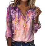 Kadın tişörtü, uzun kollu, renkli bluz, V yaka, şık, 3/4 kollu gömlek, gündelik tişört, sonbahar, kış kazağı, kadın, tunik, gömlek, bluz, moda, bol kıyafet, üst giyim, üst giyim, lila- 1, L