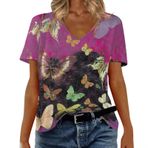 Kadın tişörtü, V yaka, kısa kollu, 3D yazıcı, tunik, yaz tişörtü, retro gömlek, bluz, kısa kollu, hafif, rahat, spor tişörtü, üst giyim, kadınlar için, A-hot Rosa, XXL