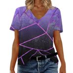 Kadın tişörtü, V yaka, kısa kollu, 3D yazıcı, tunik, yaz tişörtü, retro gömlek, bluz, kısa kollu, hafif, rahat, spor tişörtü, üst giyim, kadınlar için, B-lila, M