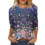 Kadın tişörtü, yazlık, yuvarlak yaka, üst parça, 3/4 kollu, tunik, üst moda, motifli, gömlek, genç kız, üst, yazlık tişört, bol, gündelik, bluz, spor koşu tişörtü, Mavi-d, S